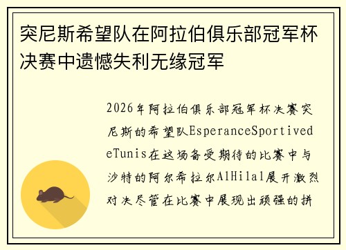 突尼斯希望队在阿拉伯俱乐部冠军杯决赛中遗憾失利无缘冠军